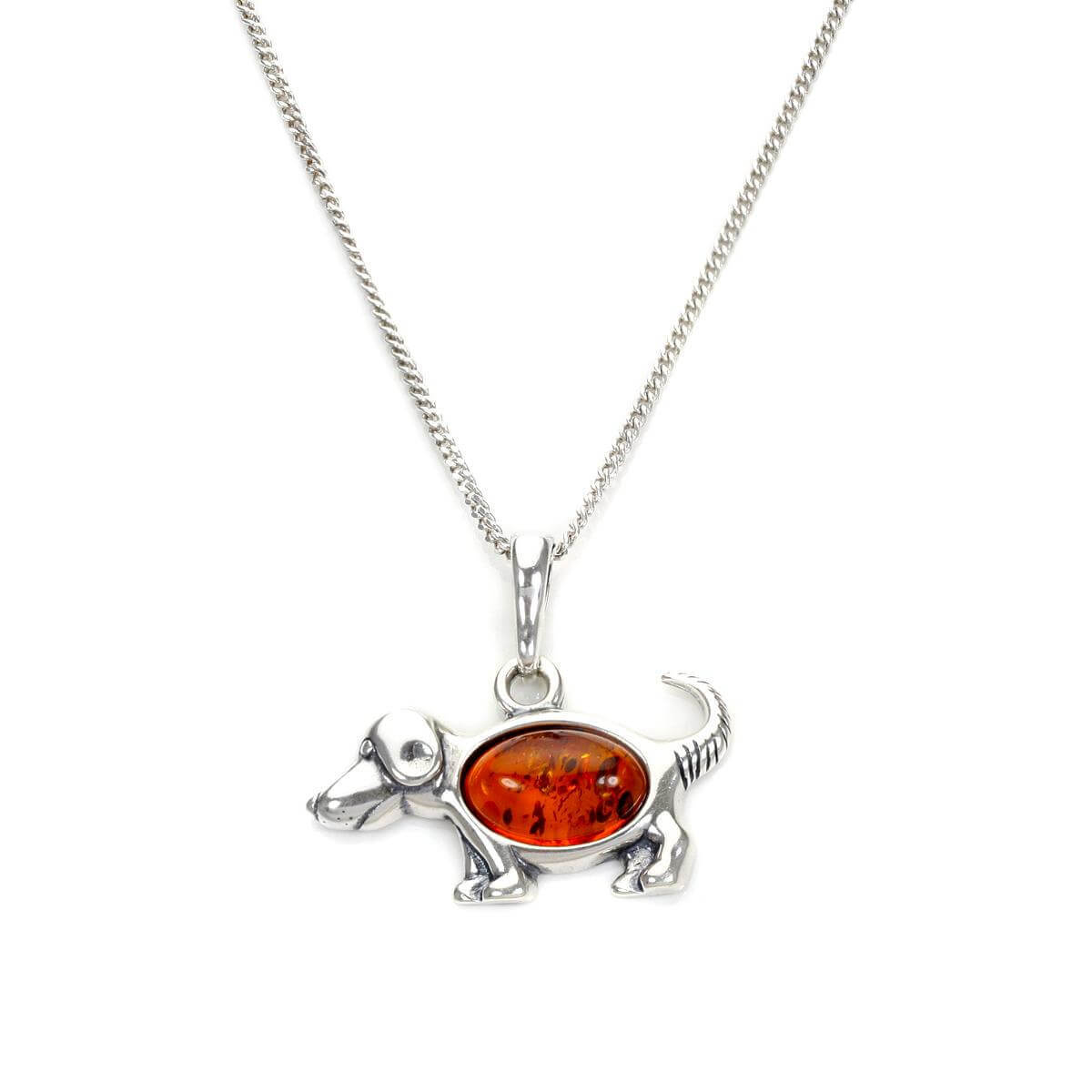 Sterling Silver & Baltic Amber Dog Pendant - 16 - 22 Inches