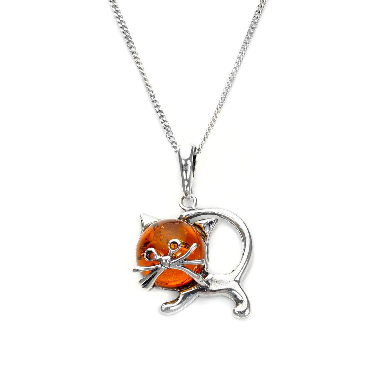Sterling Silver & Baltic Amber Cat Pendant - 16 - 22 Inches