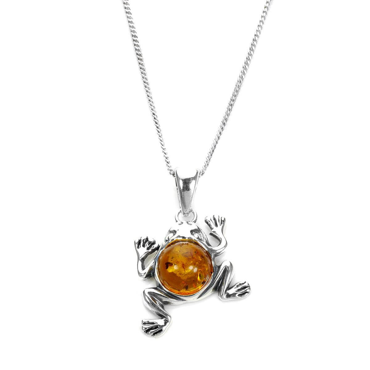 Sterling Silver & Baltic Amber Jumping Frog Pendant - 16 - 22 Inches