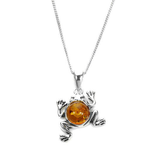 Sterling Silver & Baltic Amber Jumping Frog Pendant - 16 - 22 Inches