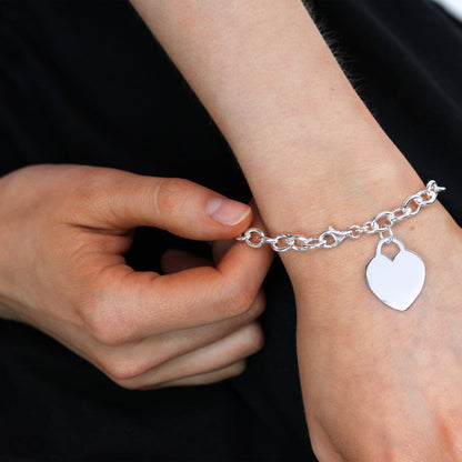 Sterling Silver 7 Inch Charm Bracelet with Large Engravable Heart Tag