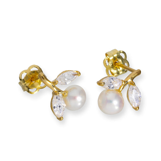 9ct Gold & Pearl Flower w Clear CZ Crystal Leaves Stud Earrings