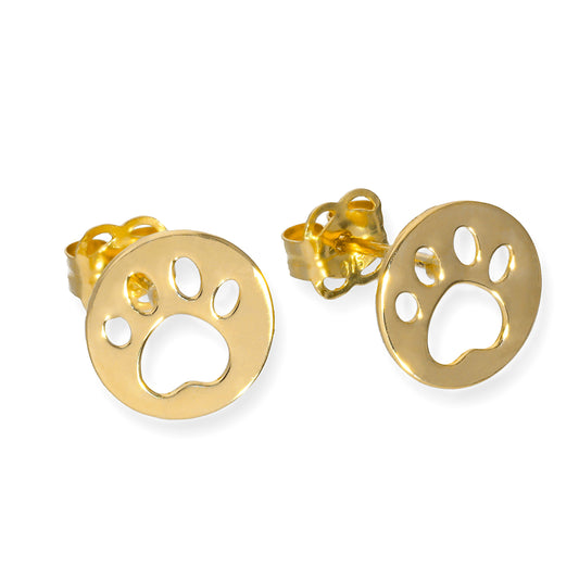 9ct Gold Round Stud Earrings w Cut Out Animal Pawprint