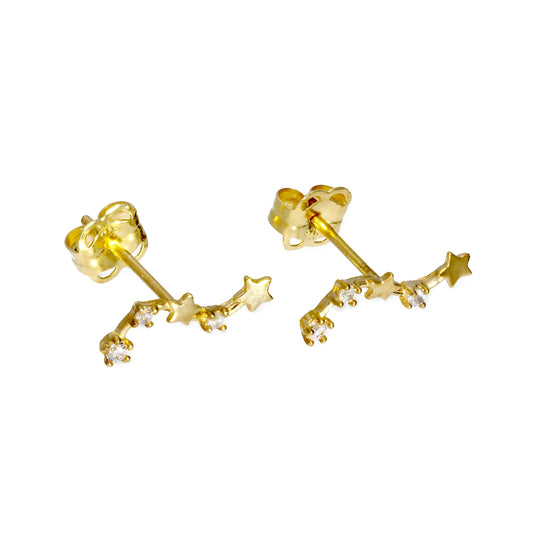 9ct Gold & Clear CZ Crystal String of Stars Stud Earrings