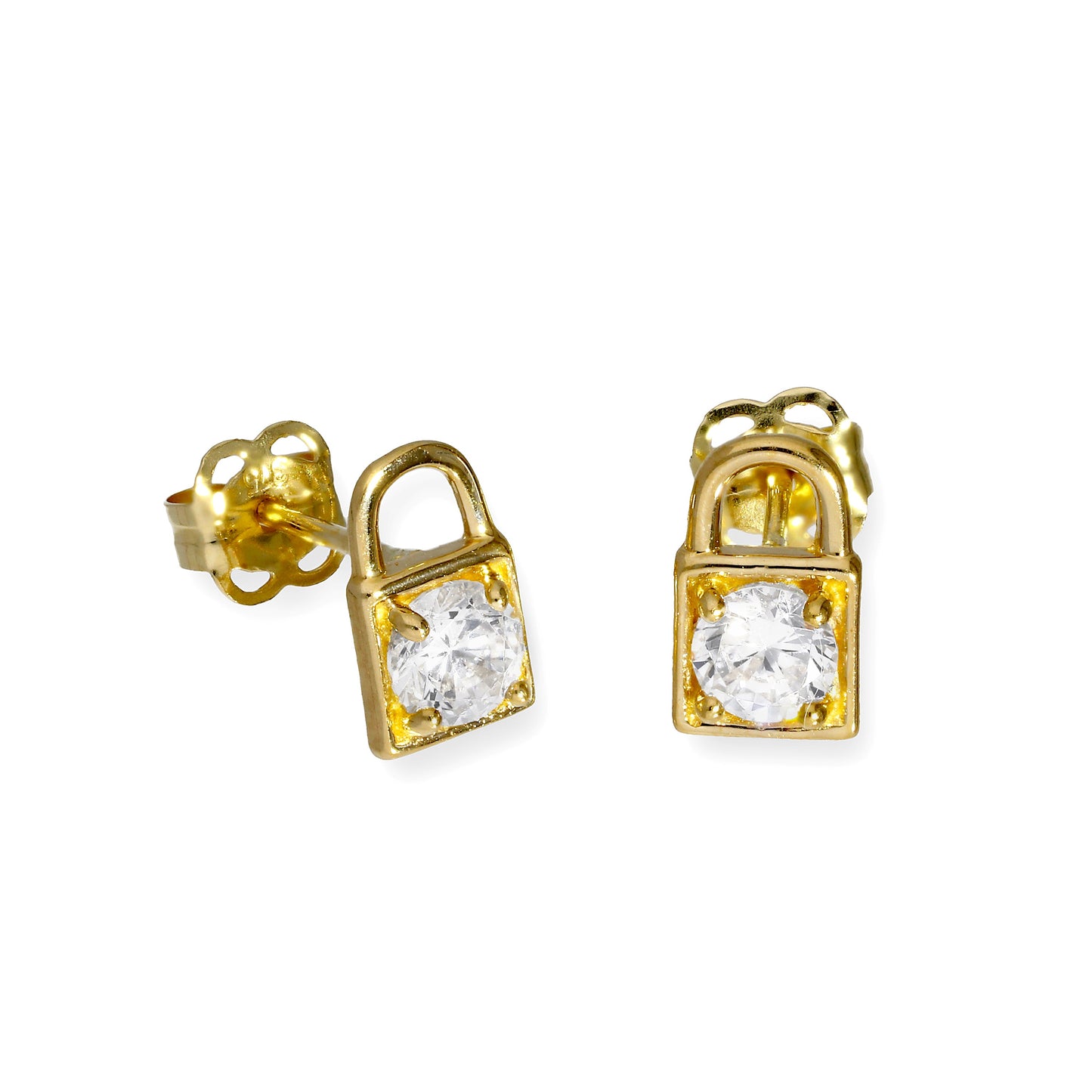 9ct Gold & Clear CZ Crystal Padlock Stud Earrings