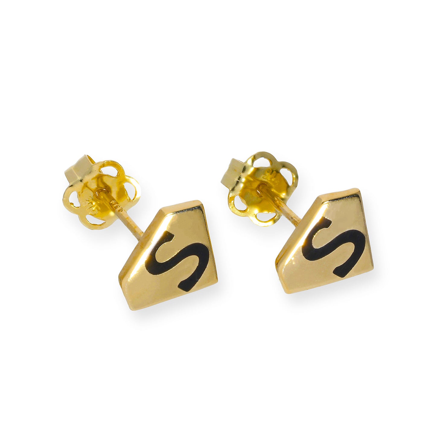 9ct Gold & Black Enamel S Shield Stud Earrings