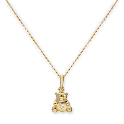 9ct Gold Teddy Bear w Clear CZ Crystal Heart Pendant Necklace 16 - 20 Inches