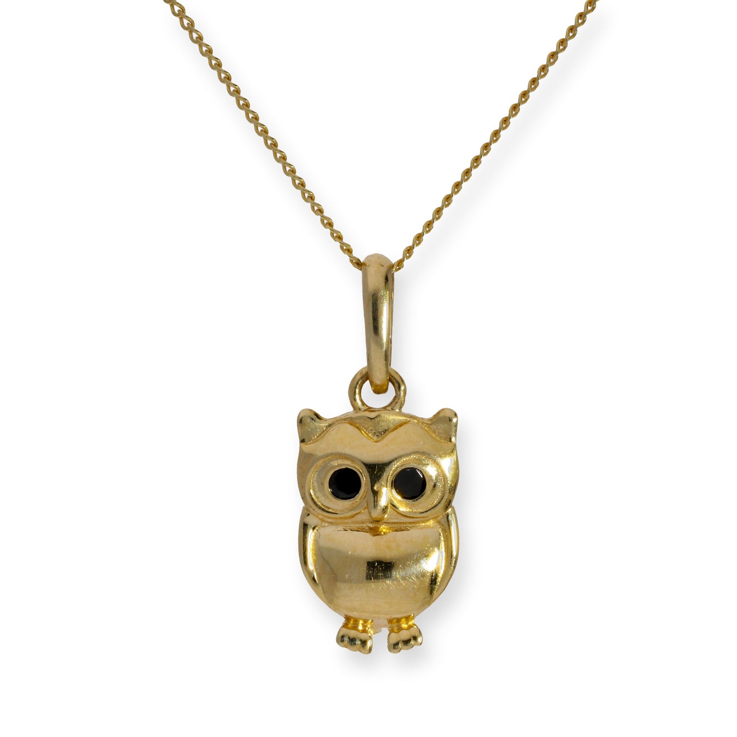 9ct Gold & Black CZ Crystal Owl Pendant Necklace 16 - 20 Inches