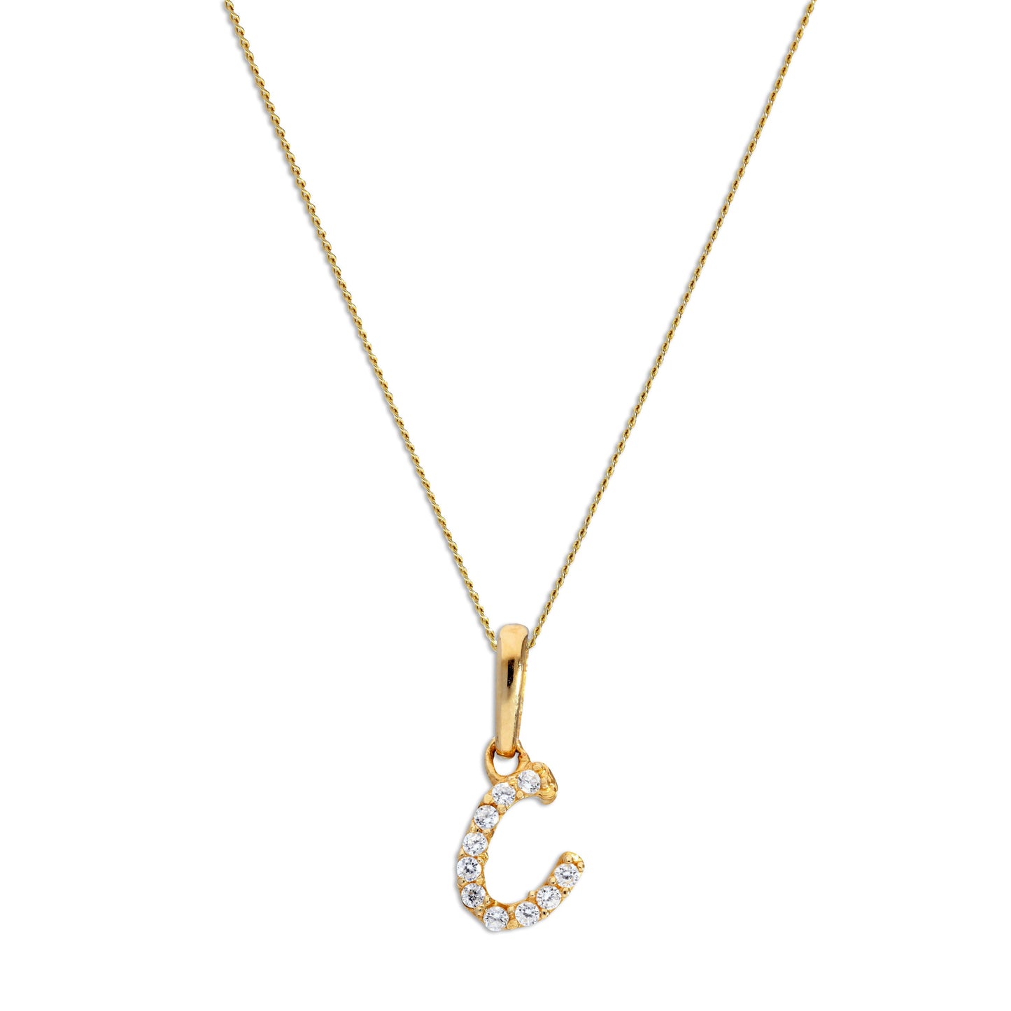 9ct Gold & Clear CZ Crystal Hanging Script Alphabet Letter C Pendant on 16 - 20 Inches Chain