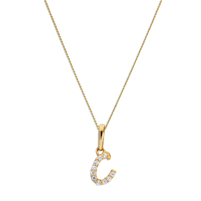 9ct Gold & Clear CZ Crystal Hanging Script Alphabet Letter C Pendant on 16 - 20 Inches Chain