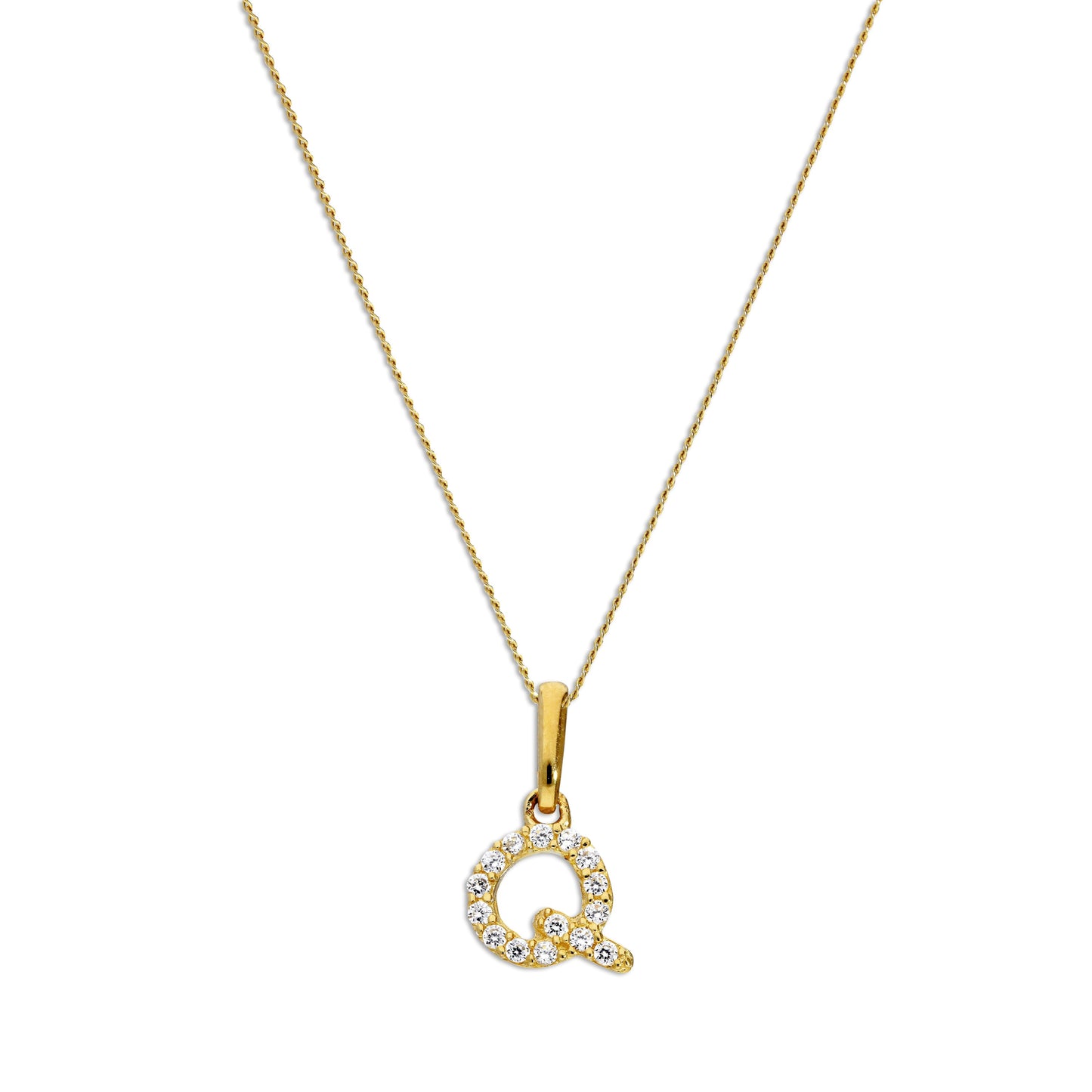 9ct Gold & Clear CZ Crystal Hanging Script Alphabet Letter Q Pendant on 16 - 20 Inches Chain