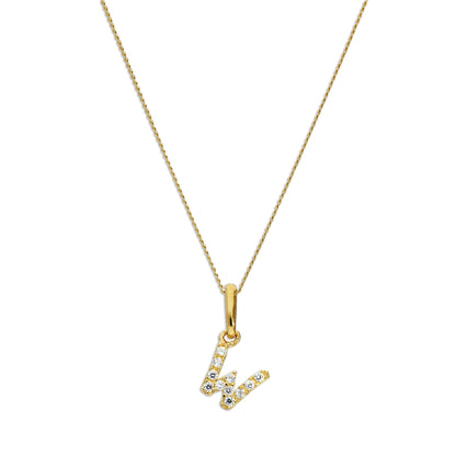 9ct Gold & Clear CZ Crystal Hanging Script Alphabet Letter W Pendant on 16 - 20 Inches Chain
