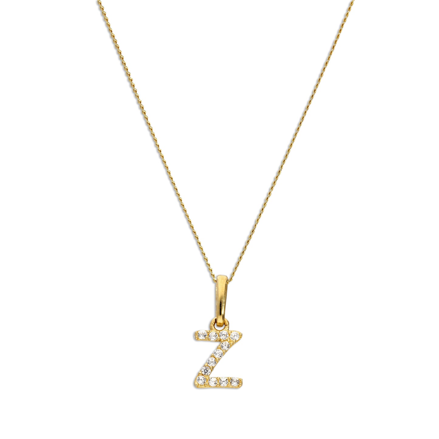 9ct Gold & Clear CZ Crystal Hanging Script Alphabet Letter Z Pendant on 16 - 20 Inches Chain