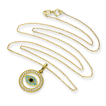 9ct Gold & CZ Crystal Evil Eye Circle Pendant Necklace