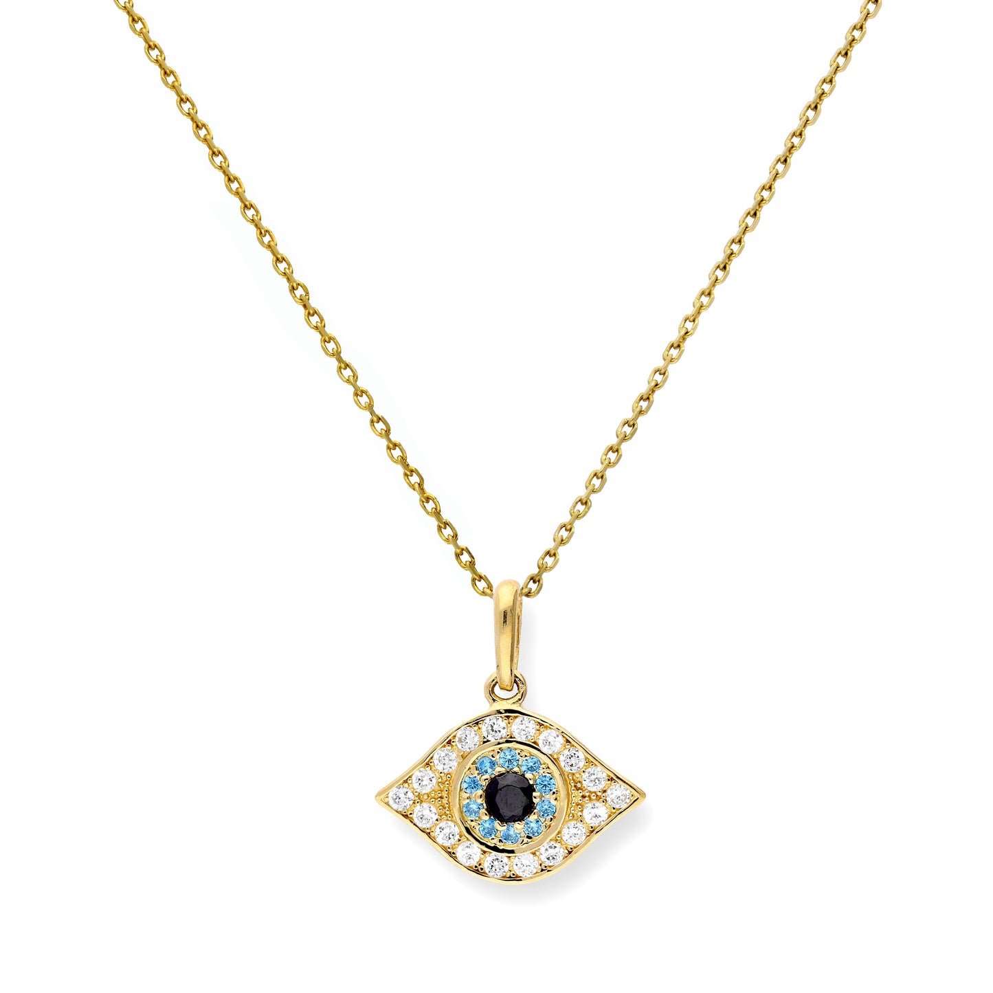 9ct Gold & CZ Crystal Evil Eye Pendant Necklace