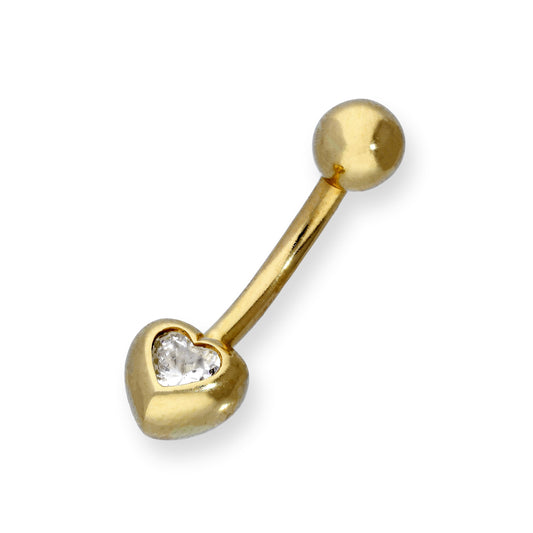 9ct Gold & Clear CZ Crystal Heart Ball End Belly Bar