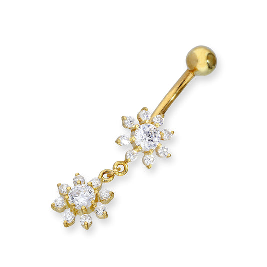 9ct Gold & Double Hanging Clear CZ Crystal Flowers Ball End Belly Bar