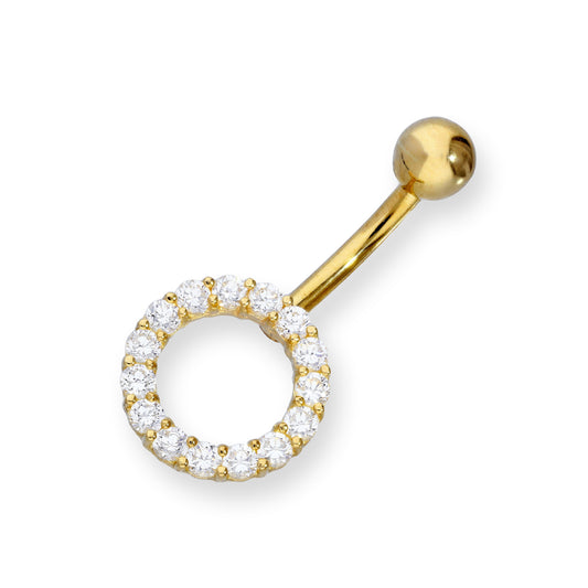 9ct Gold & Clear CZ Crystal Karma Circle Ball End Belly Bar