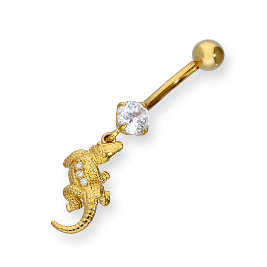 9ct Gold & Clear CZ Crystal Hanging Crocodile Ball End Belly Bar