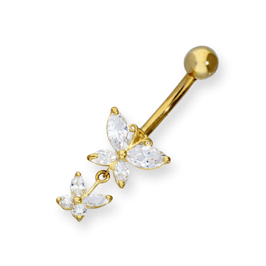 9ct Gold & Double Hanging Clear CZ Crystal Butterfly Ball End Belly Bar