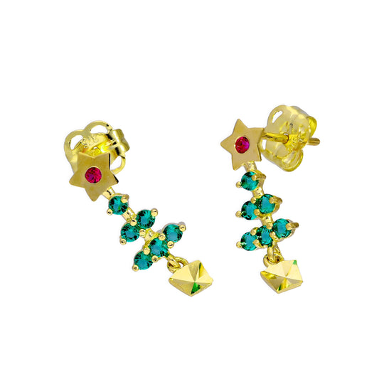 9ct Gold Ruby CZ & Emerald CZ Colourful Christmas Tree Stud Earrings