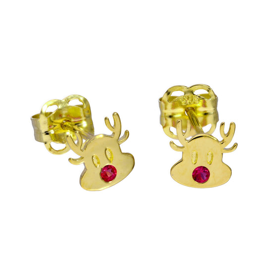 9ct Gold & Ruby CZ Crystal Rudolph the Red Nose Reindeer Stud Earrings