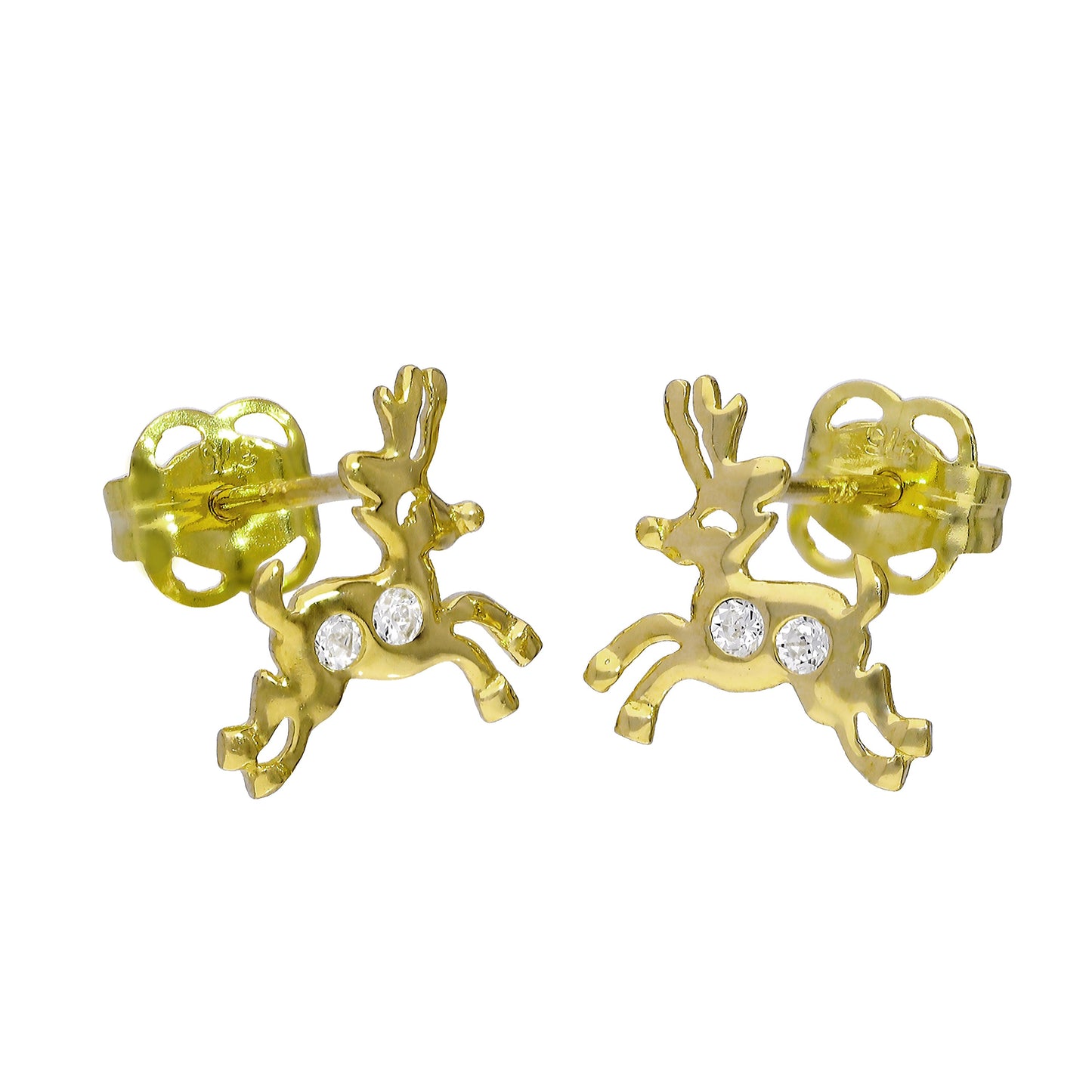 9ct Gold & Clear CZ Crystal Running Reindeer Stud Earrings