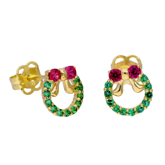 9ct Gold Ruby CZ & Emerald CZ Colourful Christmas Wreath Stud Earrings