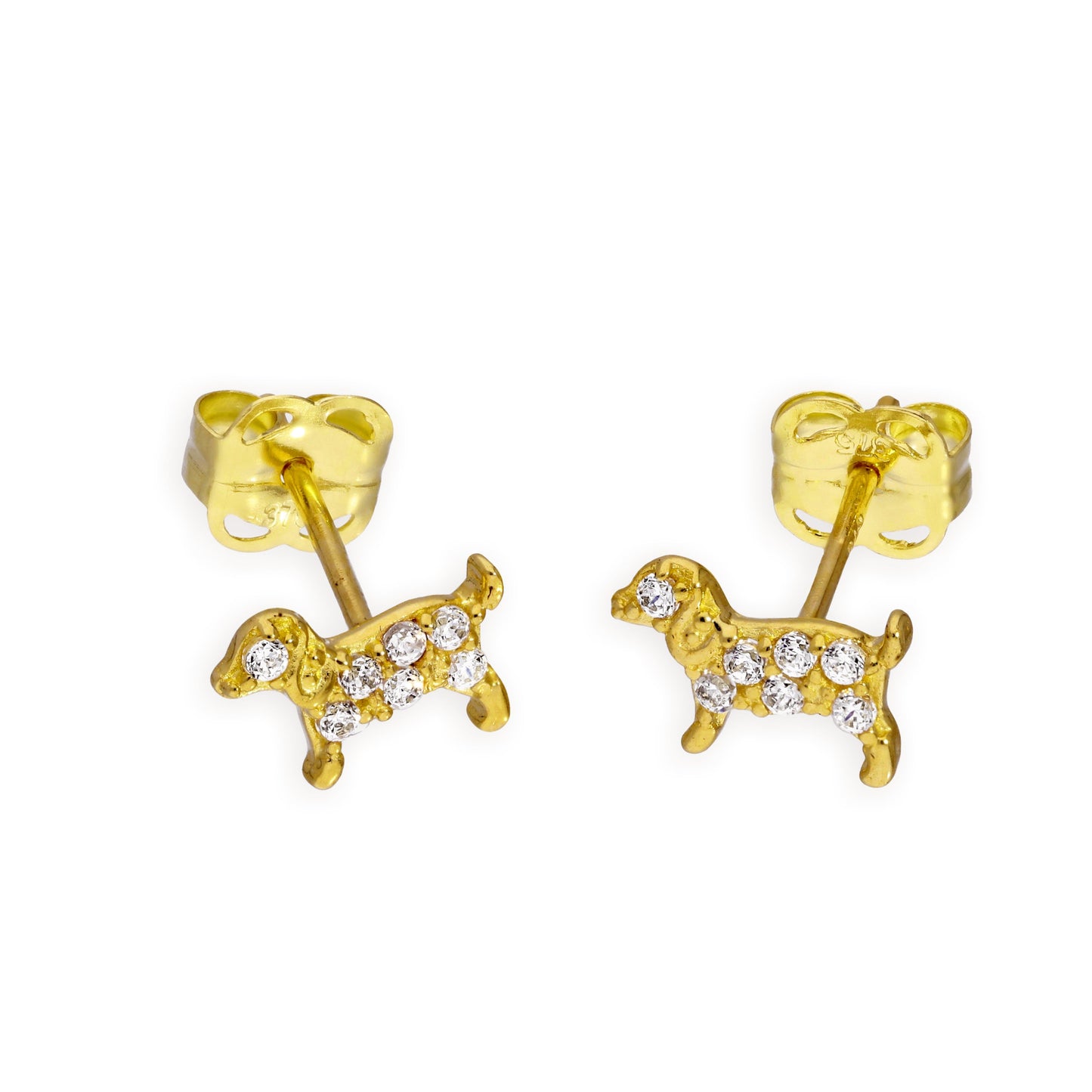 9ct Gold & Clear CZ Crystal Dog Stud Earrings