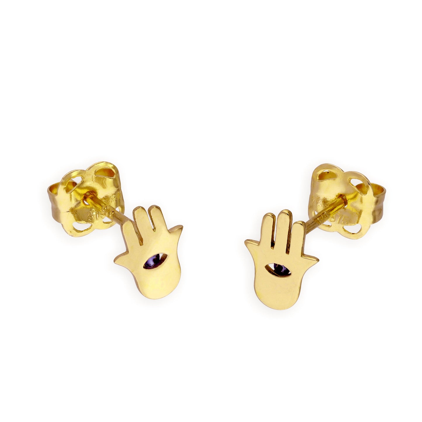 9ct Gold & Blue CZ Crystal Hamsa Hand Stud Earrings