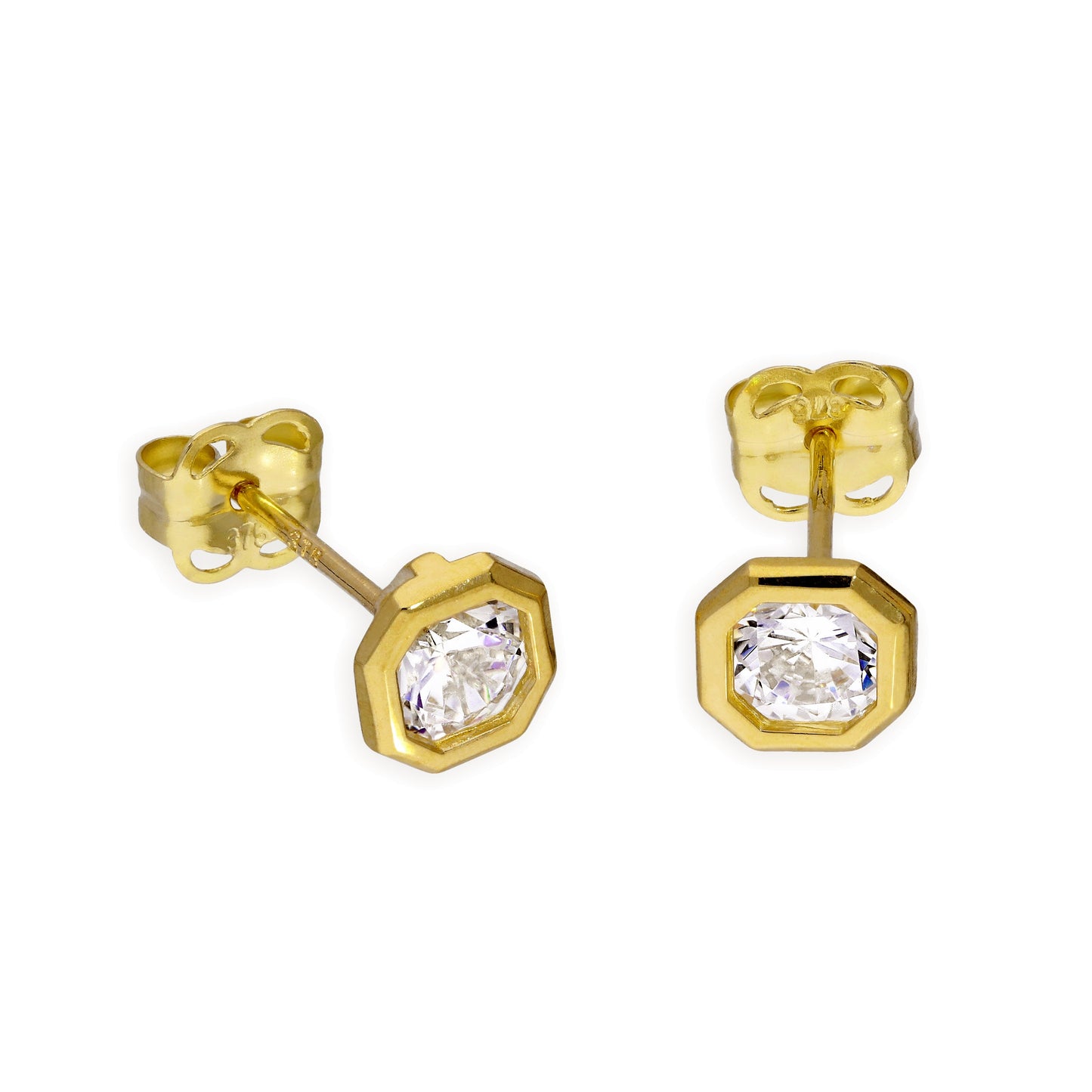 9ct Gold & Clear CZ Crystal Octagon Stud Earrings