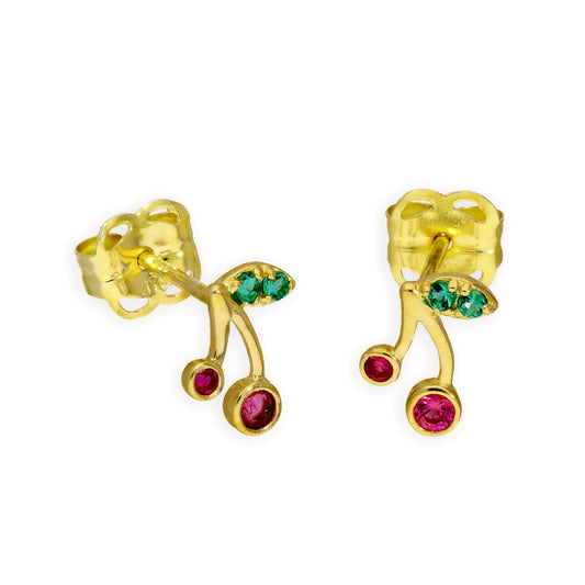 9ct Gold Green & Red CZ Crystal Cherries Stud Earrings