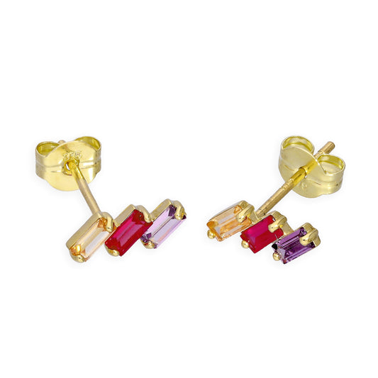 9ct Gold & Three Coloured CZ Crystals Stud Earrings