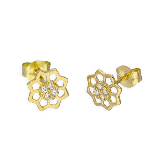 9ct Gold & Clear CZ Crystals Open Flower Stud Earrings