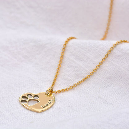 Personalised Sterling Silver Paw Name Heart Necklace