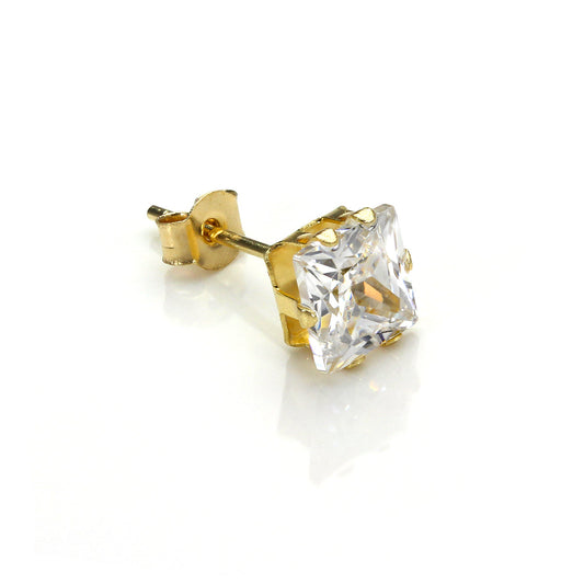 9ct Yellow Gold Clear CZ 5mm Square Mens Stud Single Earring