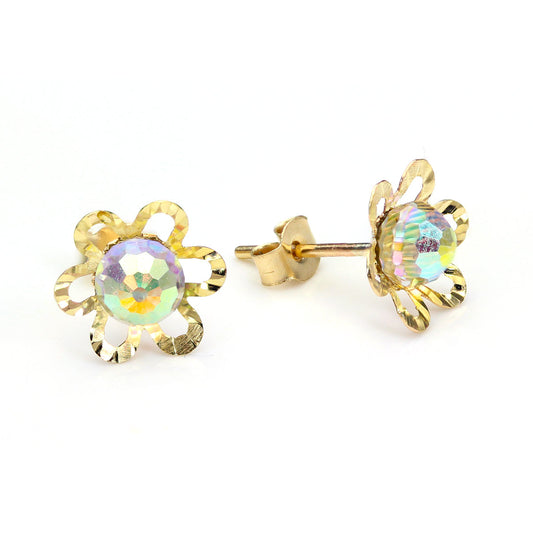 9ct Yellow Gold Aurora Borealis Crystal Flower Stud Earrings