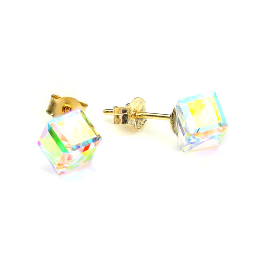 9ct Yellow Gold Aurora Borealis Cube Stud Earrings