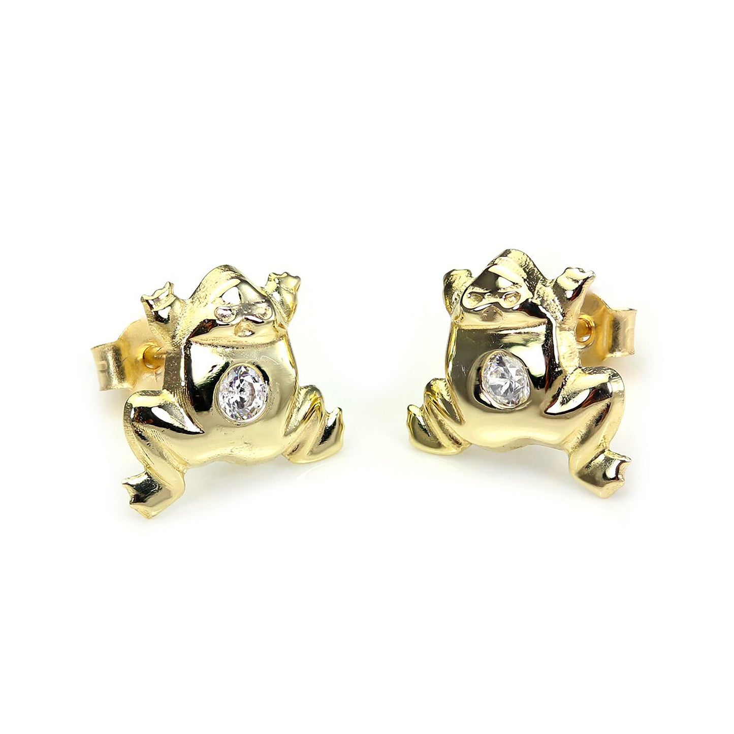 9ct Yellow Gold Clear Crystal Jumping Frog Stud Earrings