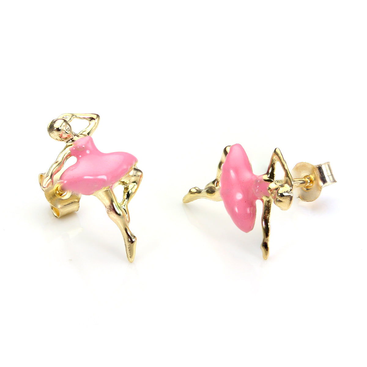 9ct Yellow Gold Pink Enamel Ballerina Stud Earrings