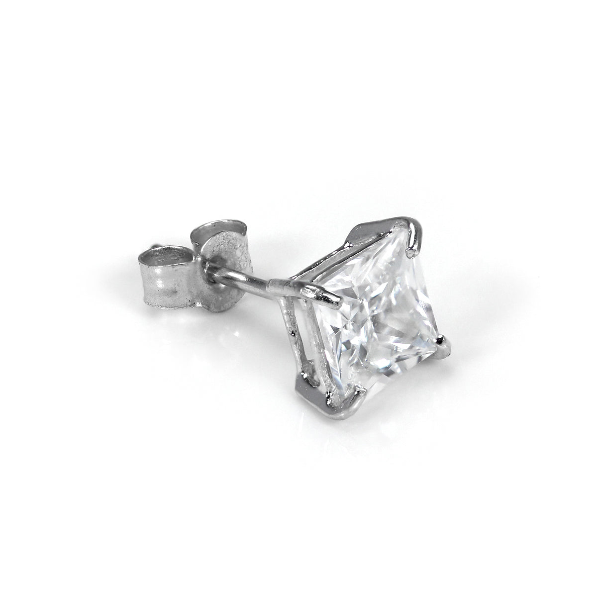 9ct White Gold Mens Single 5mm Square Crystal Stud