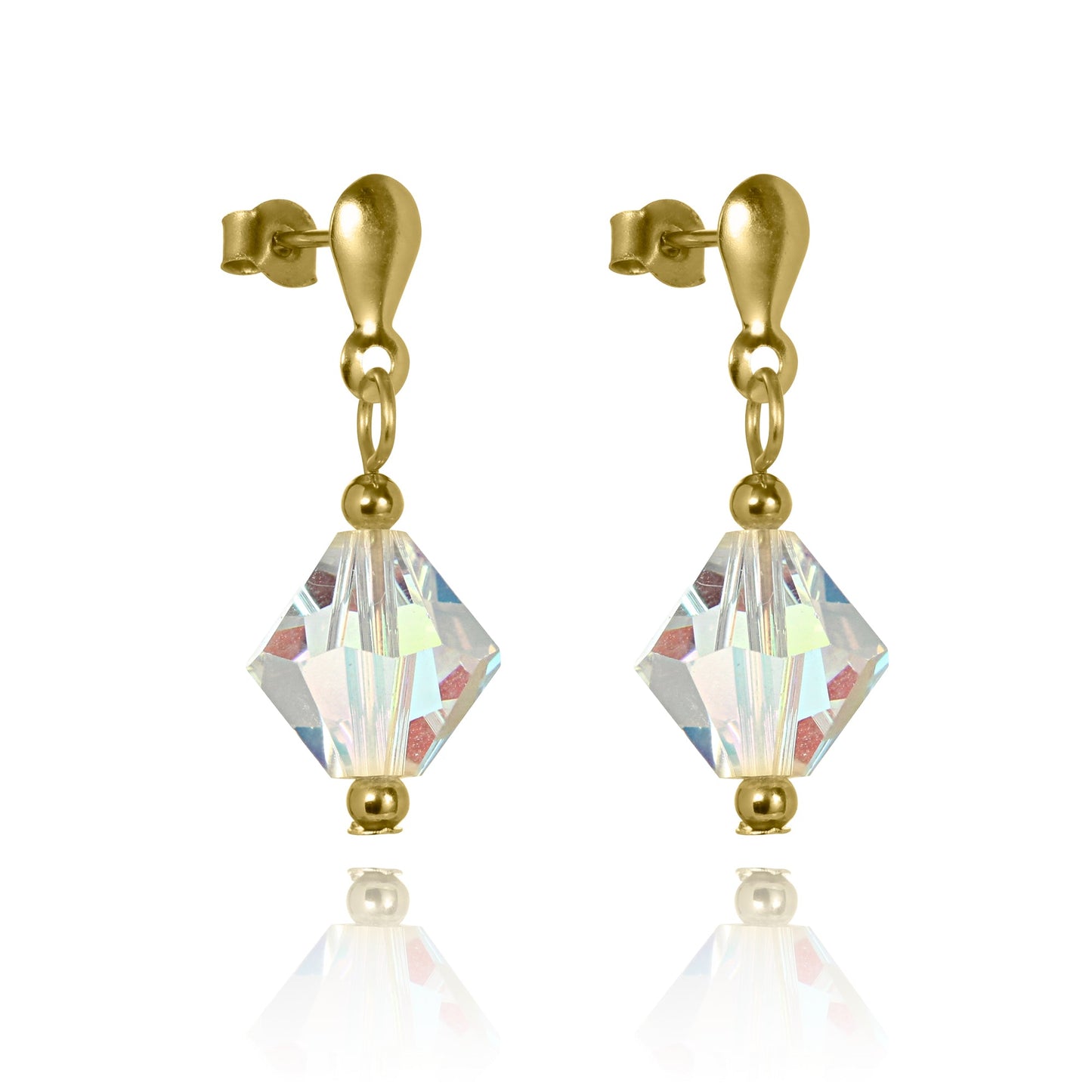 9ct Gold & Aurora Borealis Crystal Drop Stud Earrings