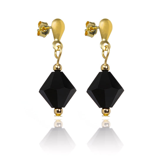 9ct Gold & Black Crystal Drop Stud Earrings