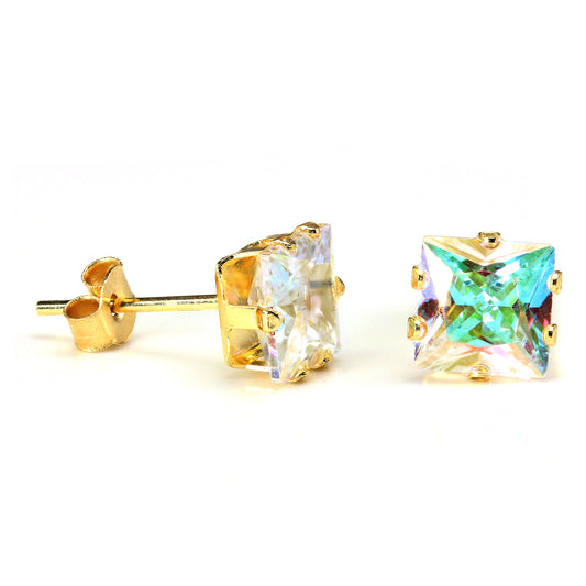 9ct Gold & 6mm Square Aurora Borealis Crystal Stud Earrings