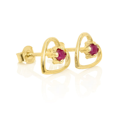 9ct Gold & 2mm Gemstone Open Heart Stud Earrings - Emerald Sapphire Ruby