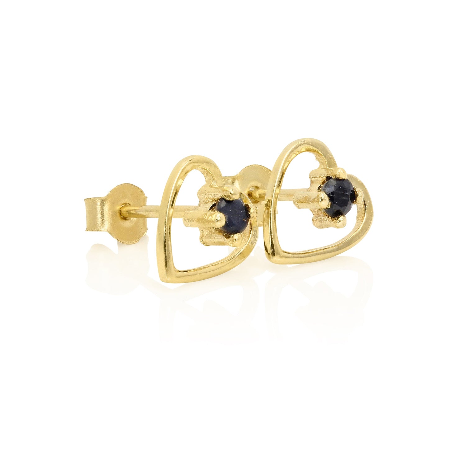 9ct Gold & 2mm Gemstone Open Heart Stud Earrings - Emerald Sapphire Ruby