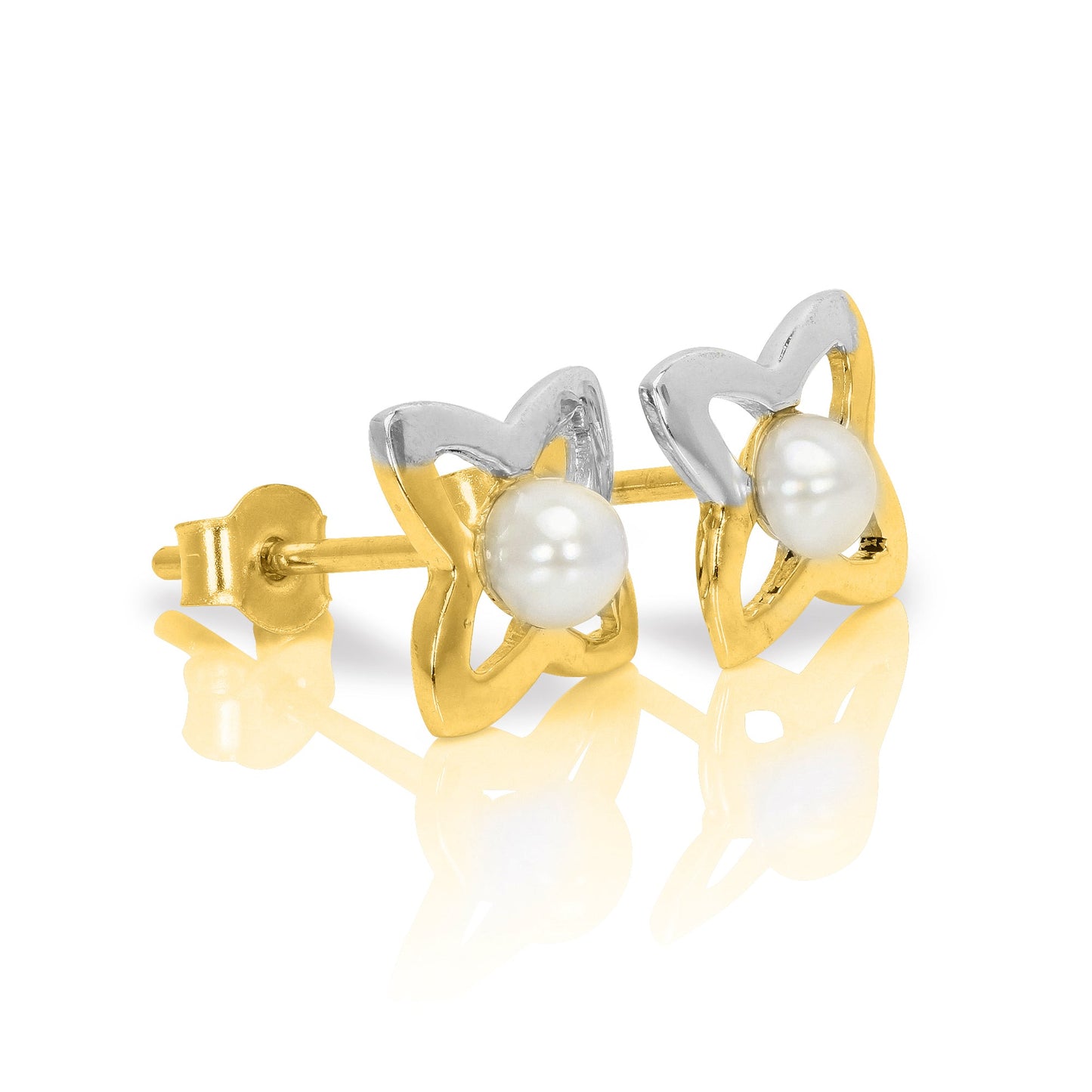 9ct Yellow & White Gold Star Outline Stud Earrings with Small Freshwater Pearl