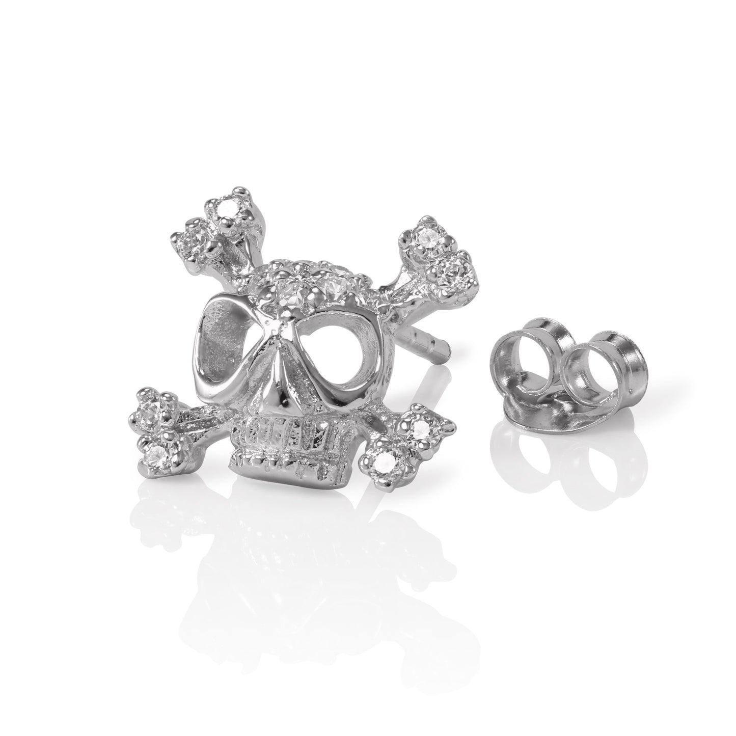 Sterling Silver Mens CZ Crystal Encrusted Single Skull Ear Stud Earring