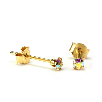 9ct Gold 2mm Round Crystal Stud Earrings - 7 Colours