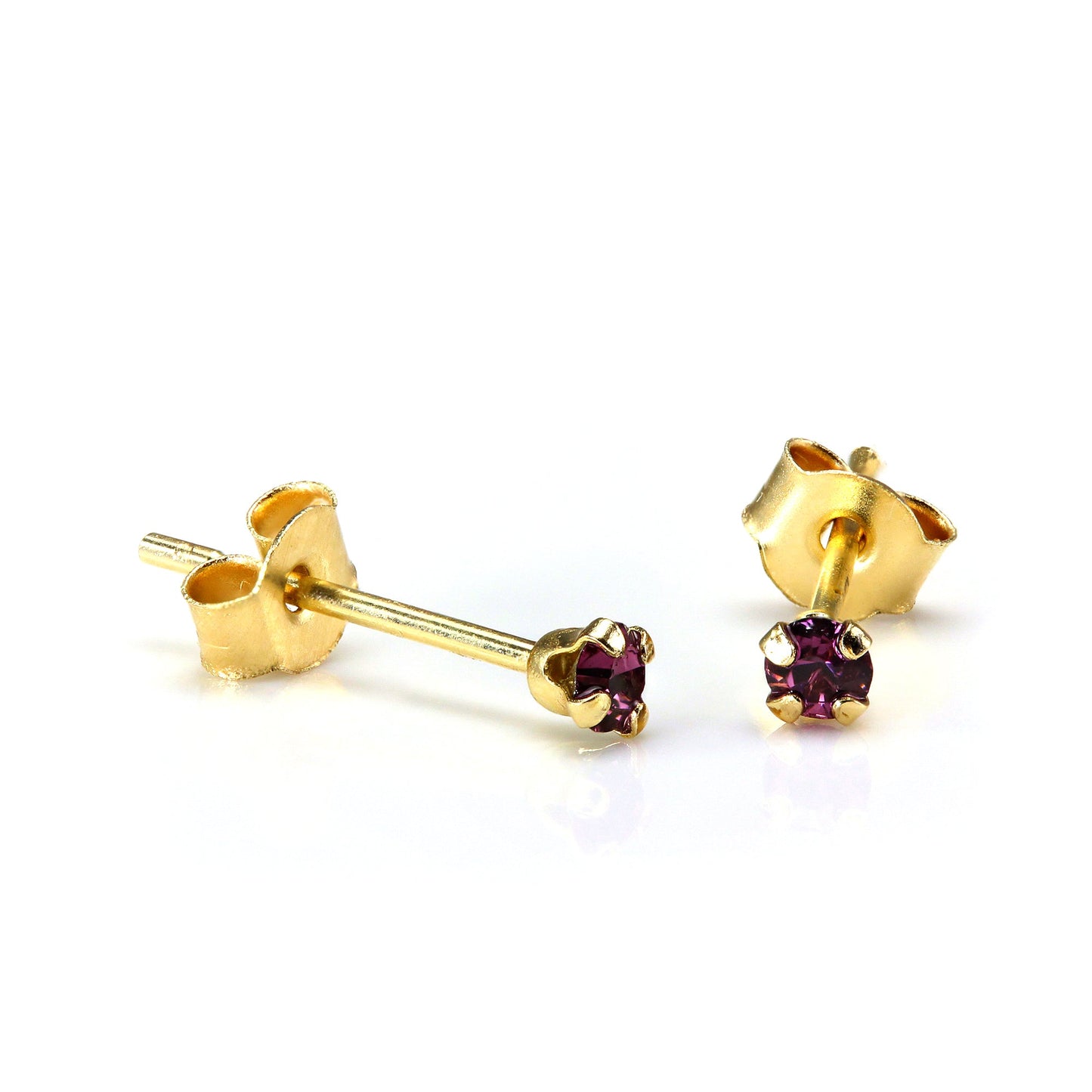 9ct Gold 2mm Round Crystal Stud Earrings - 7 Colours